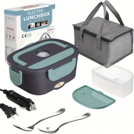 Electric Lunch Box Food Heater For Car And Home,12V/110V Portable Food Warmer Heating Container 2 In 1 Food-Grade Stainless Steel Food Container With Fork, Spoon And Carry Bag