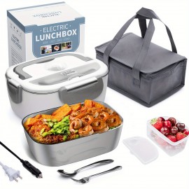 Electric Lunch Box  Food Heater 3 In 1 12/24/110-230V Portable Lunch Warmer Upgraded Leakproof Heated Lunch Box For Car/Truck/Office With SS Fork & Spoon And Insulated Carry Bag
