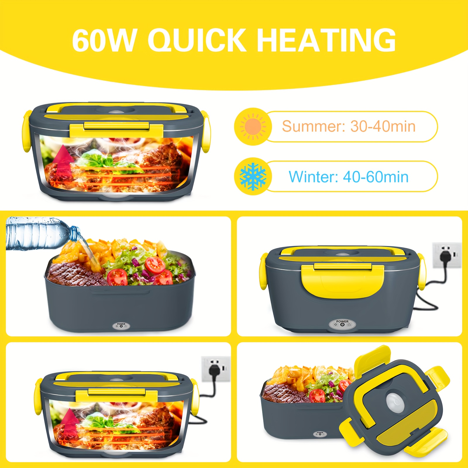 electric lunch box food heater for car and home 12v 110v portable food warmer heating container 2 in 1 food grade stainless steel food container with fork spoon and carry bag details 0