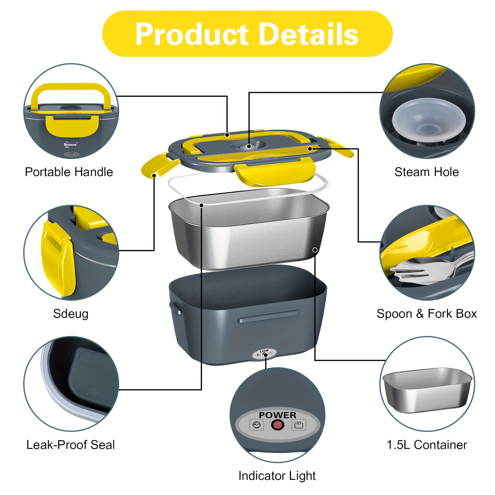 electric lunch box food heater for car and home 12v 110v portable food warmer heating container 2 in 1 food grade stainless steel food container with fork spoon and carry bag details 2
