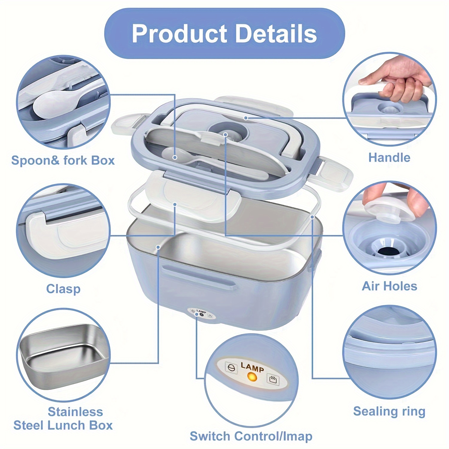 portable electric lunch box warmer leak proof removable stainless steel container 60w 1 5l 110v 12v 24v details 6