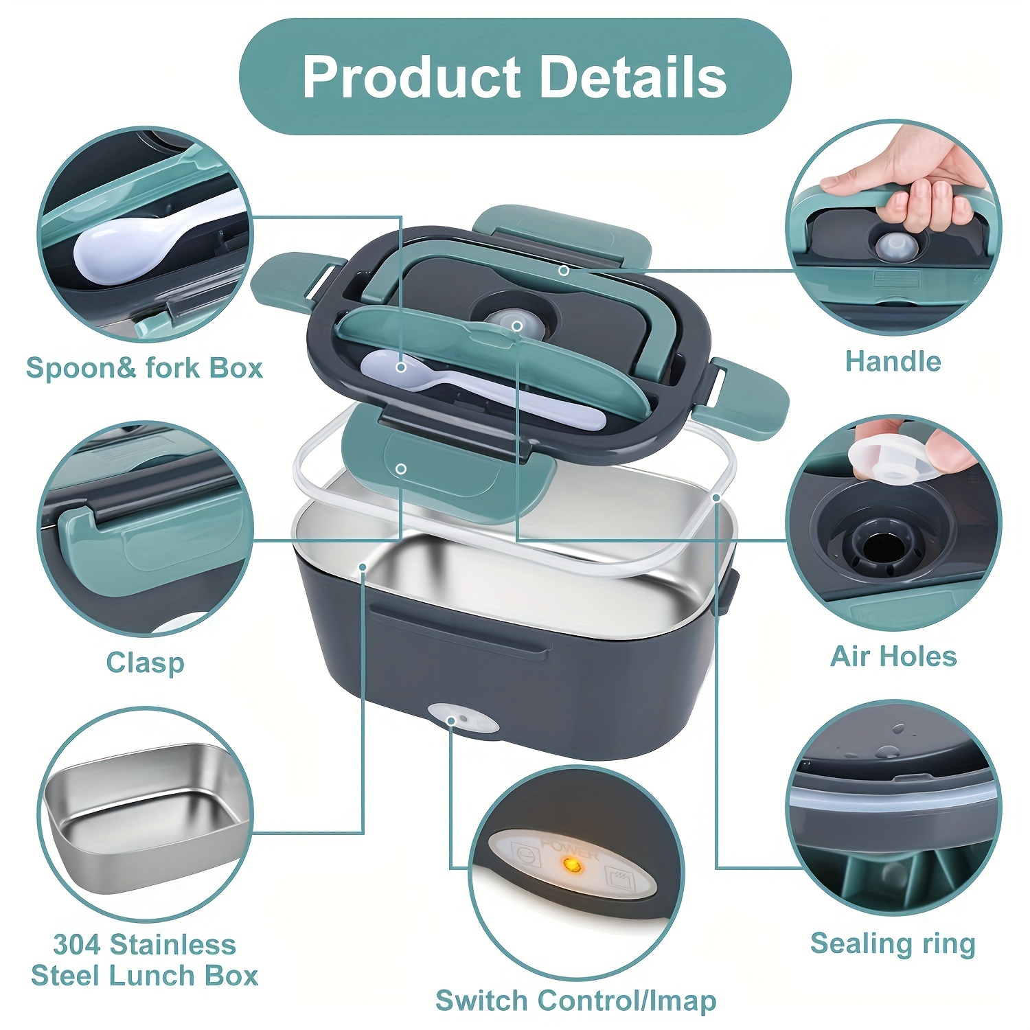electric lunch box food heater 3 in 1 12 24 110 230v portable lunch warmer upgraded leakproof heated lunch box for car truck office with ss fork spoon and insulated carry bag details 4