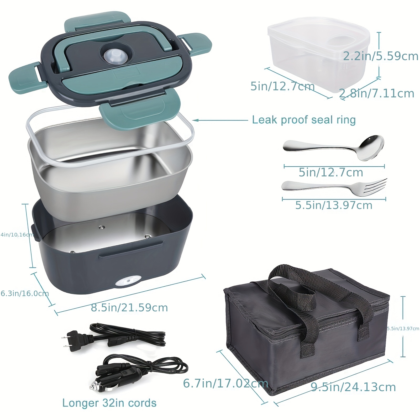 electric lunch box food heater 3 in 1 12 24 110 230v portable lunch warmer upgraded leakproof heated lunch box for car truck office with ss fork spoon and insulated carry bag details 6