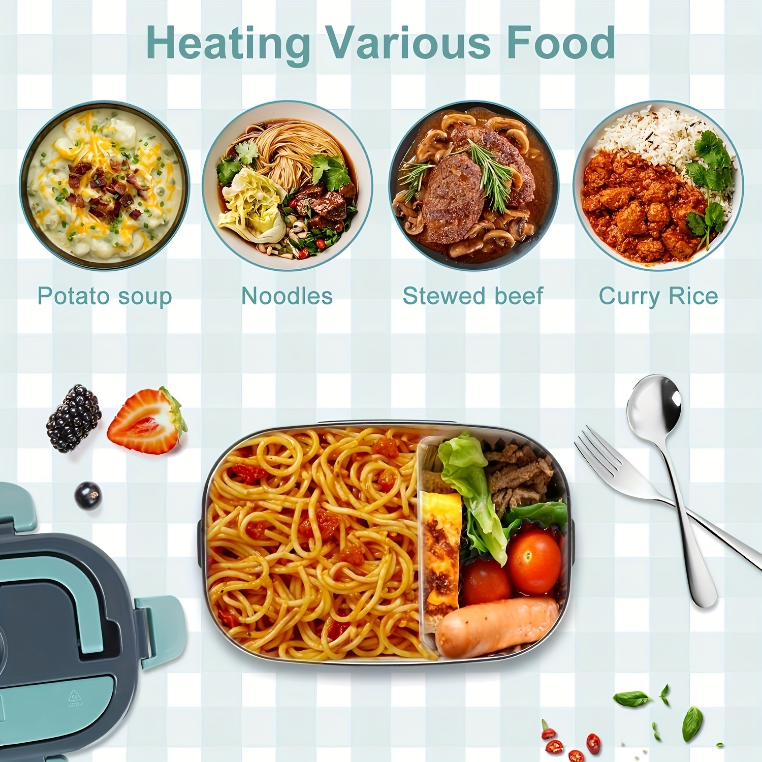 electric lunch box food heater 3 in 1 12 24 110 230v portable lunch warmer upgraded leakproof heated lunch box for car truck office with ss fork spoon and insulated carry bag details 7
