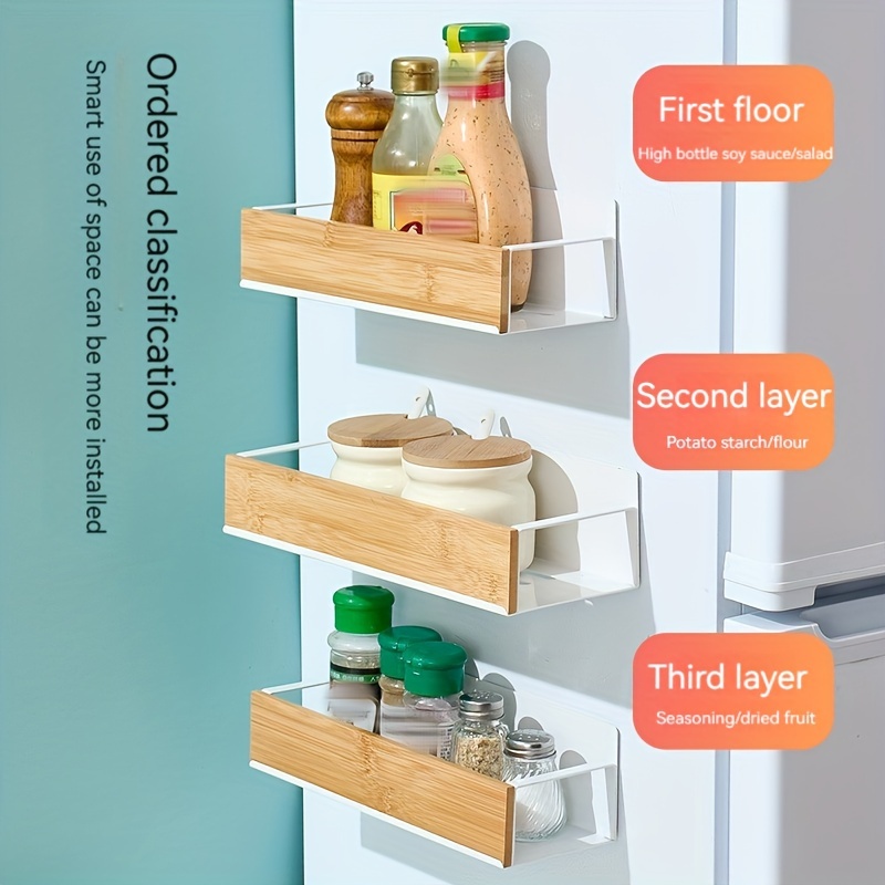 1pc large capacity black and white kitchen wall mounted rack magnetic suction refrigerator rack side mounted storage rack punch free seasoning rack seasoning box suspended shelf seasoning bottle jar storage details 6