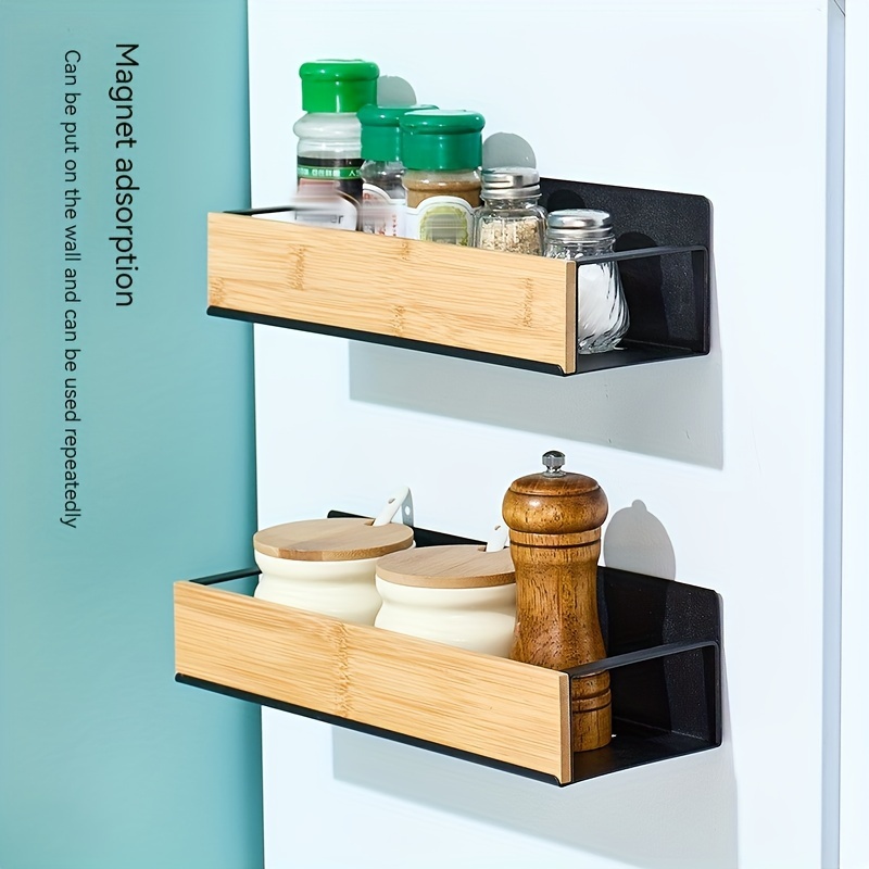 1pc large capacity black and white kitchen wall mounted rack magnetic suction refrigerator rack side mounted storage rack punch free seasoning rack seasoning box suspended shelf seasoning bottle jar storage details 7