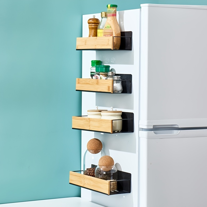 1pc large capacity black and white kitchen wall mounted rack magnetic suction refrigerator rack side mounted storage rack punch free seasoning rack seasoning box suspended shelf seasoning bottle jar storage details 8