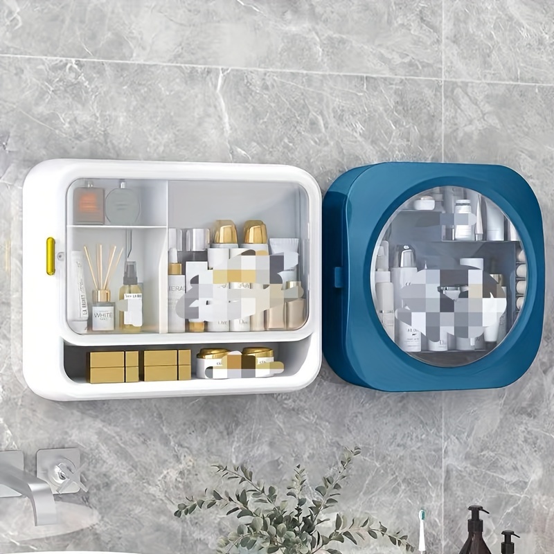 wall mounted cosmetic storage box no punching dust proof large capacity skin care products lipstick hanging on the wall bathroom storage rack details 1