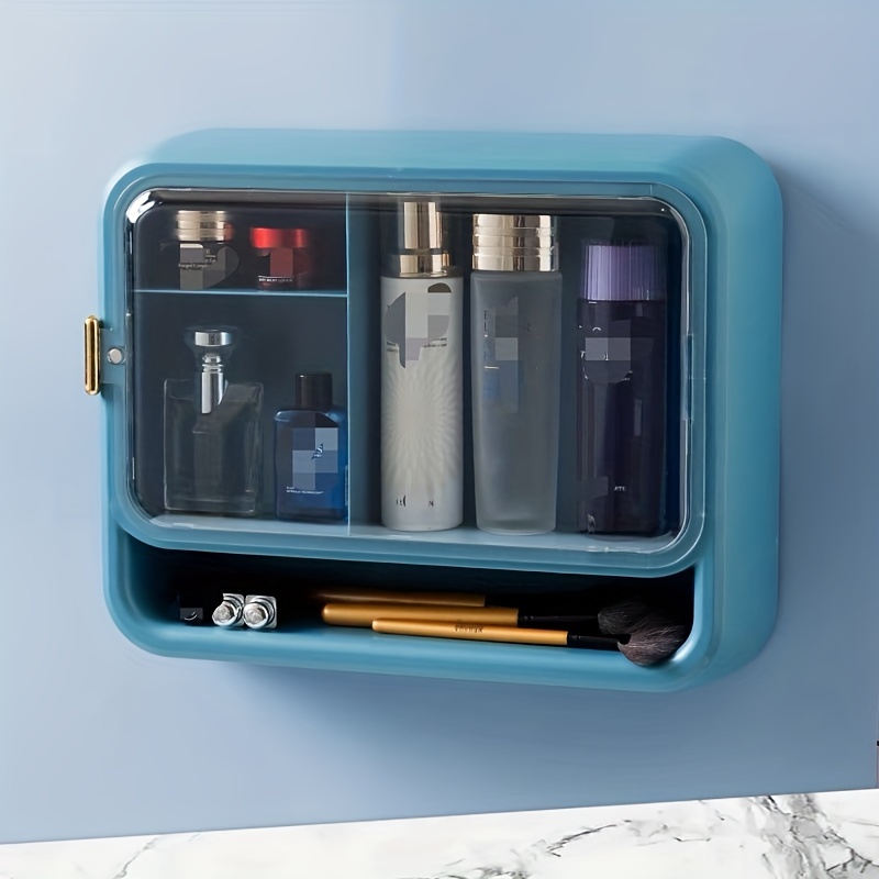 wall mounted cosmetic storage box no punching dust proof large capacity skin care products lipstick hanging on the wall bathroom storage rack details 3