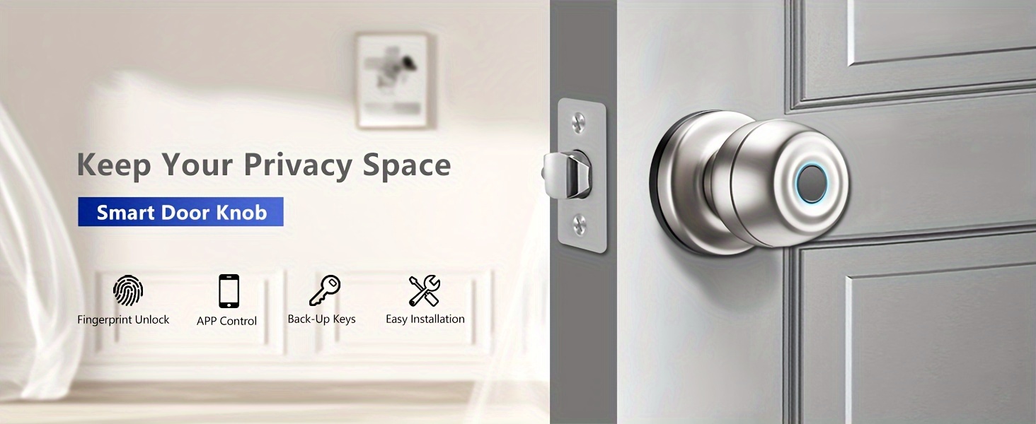 fingerprint door lock smart door knob biometric door knob with app control easy to install up to 20 thumbs suitable for bedrooms cloakroom garage offices hotels matte black without battery details 0