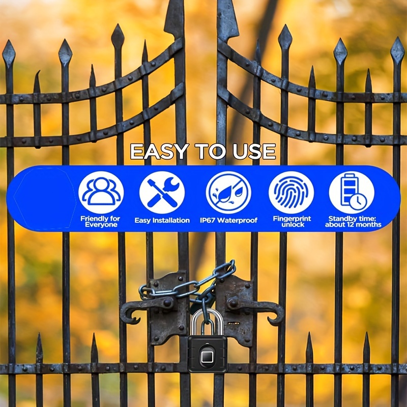Fingerprint Padlock, Smart Padlock, Locker Lock, Biometric Metal Keyless Fingerprint Lock, Waterproof, For Gym Locker, School Locker, Luggage, Backpack, Suitcase, Black details 4