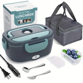 Electric Lunch Box  Food Heater 3 In 1 12/24/110-230V Portable Lunch Warmer Upgraded Leakproof Heated Lunch Box For Car/Truck/Office With SS Fork & Spoon And Insulated Carry Bag